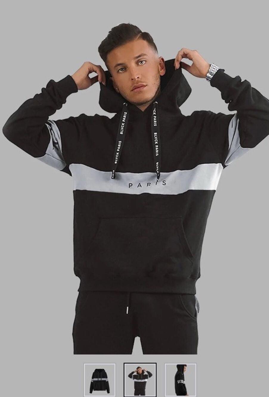 Blvck Paris Unisex Black Hoodie Size Small Logo Gray Stripe Solid Lettering
